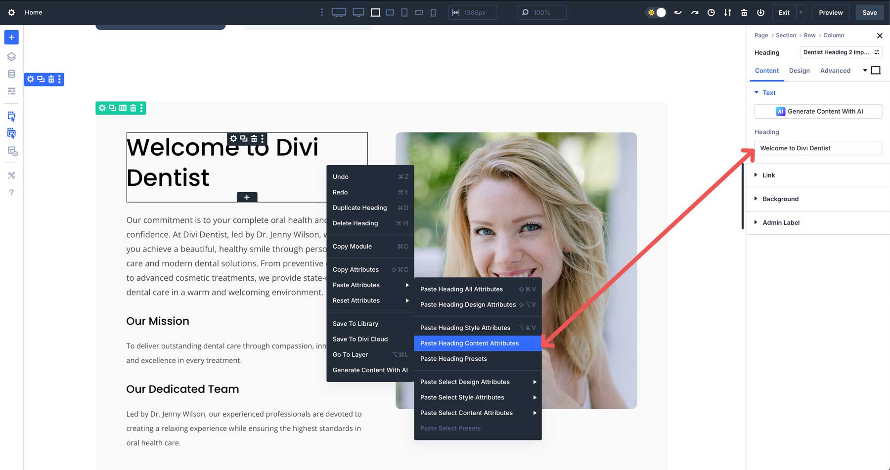 paste content attributes in DIvi 5
