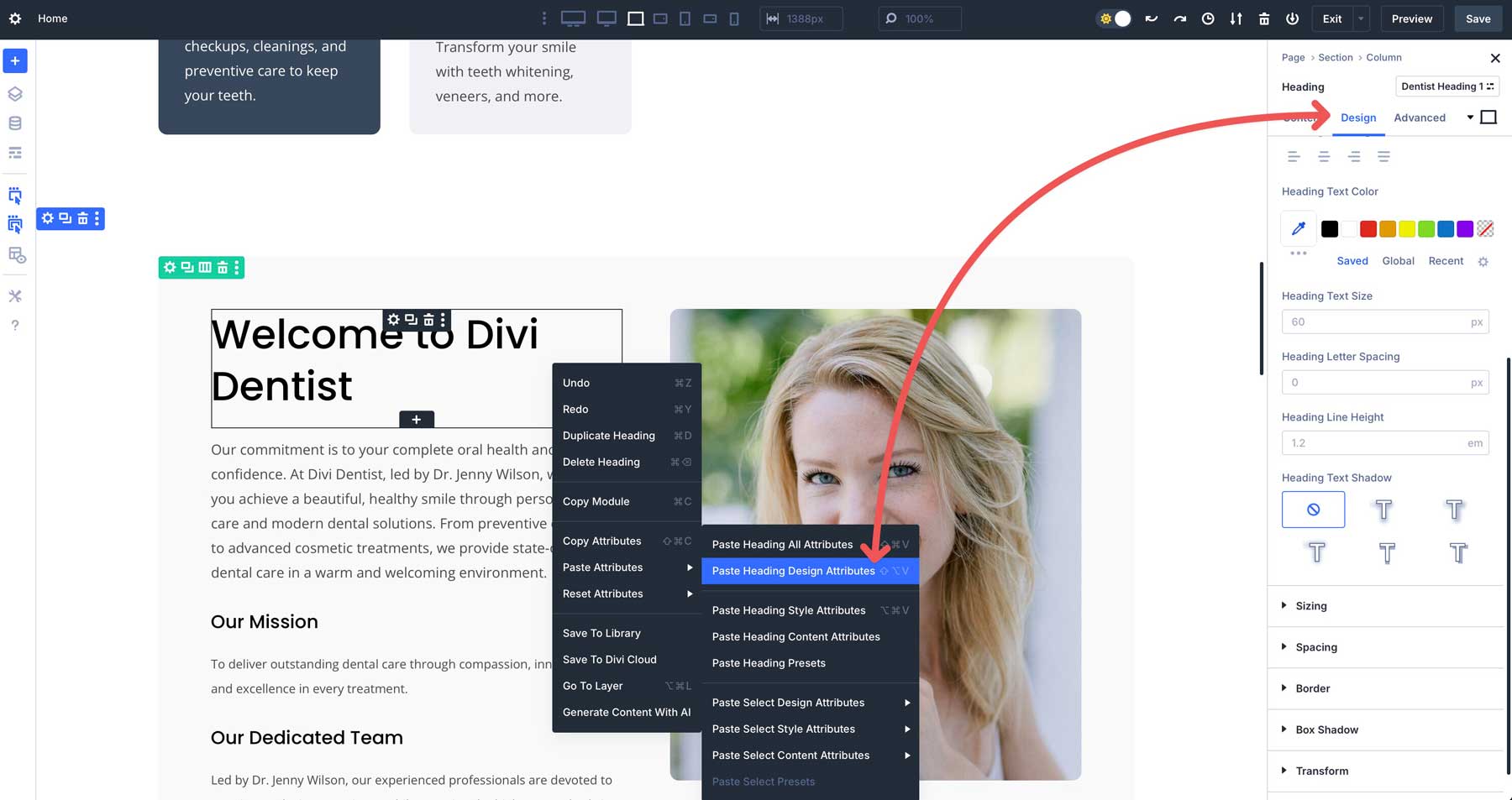 paste design attributes in Divi 5