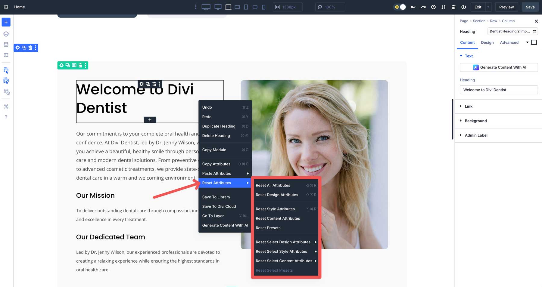 reset attributes in Divi 5
