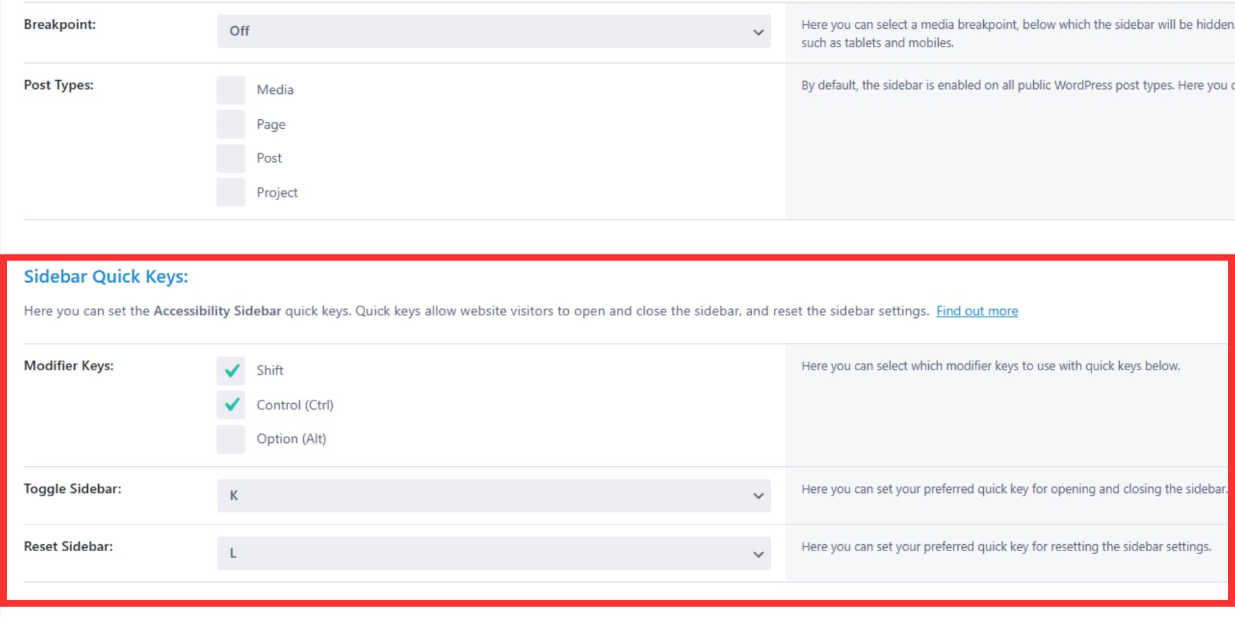 A screenshot of Accessibility Sidebar's key binding options