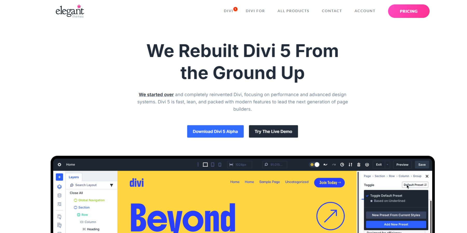 A screenshot of Divi 5's new home page