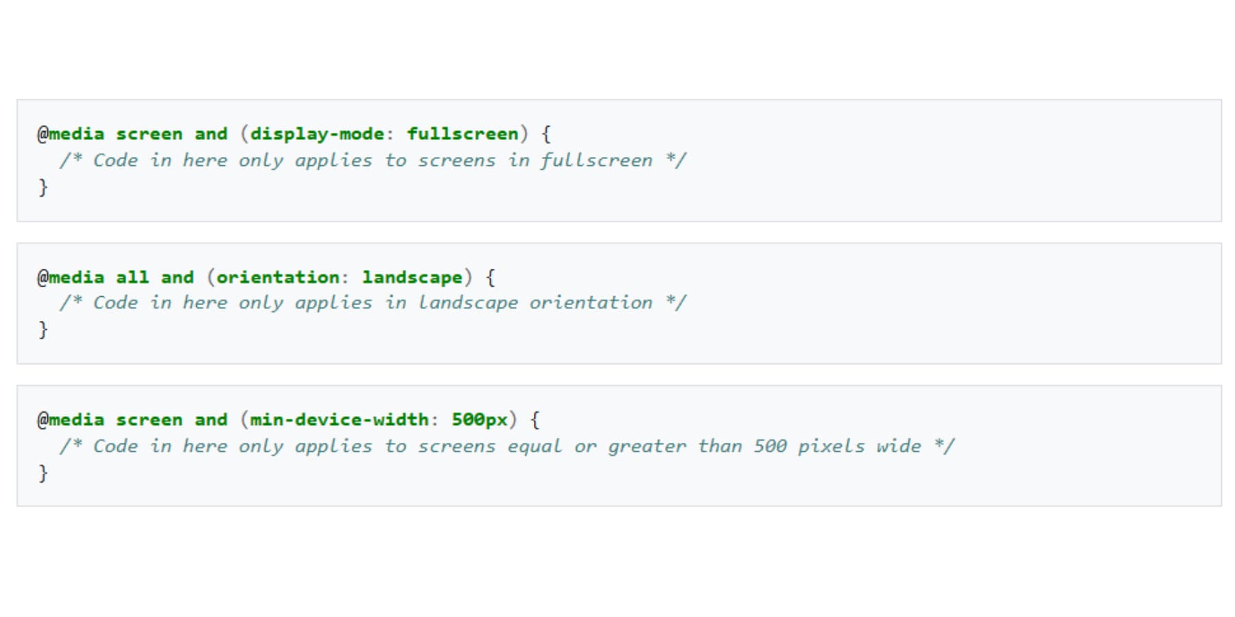 A screenshot of media queries in CSS