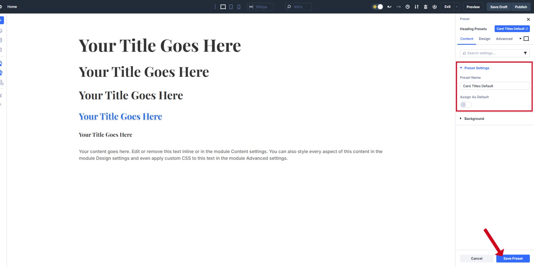A screenshot of preset settings options
