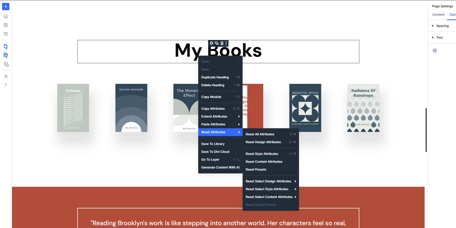 A screenshot of reset attribute options as well suboptions