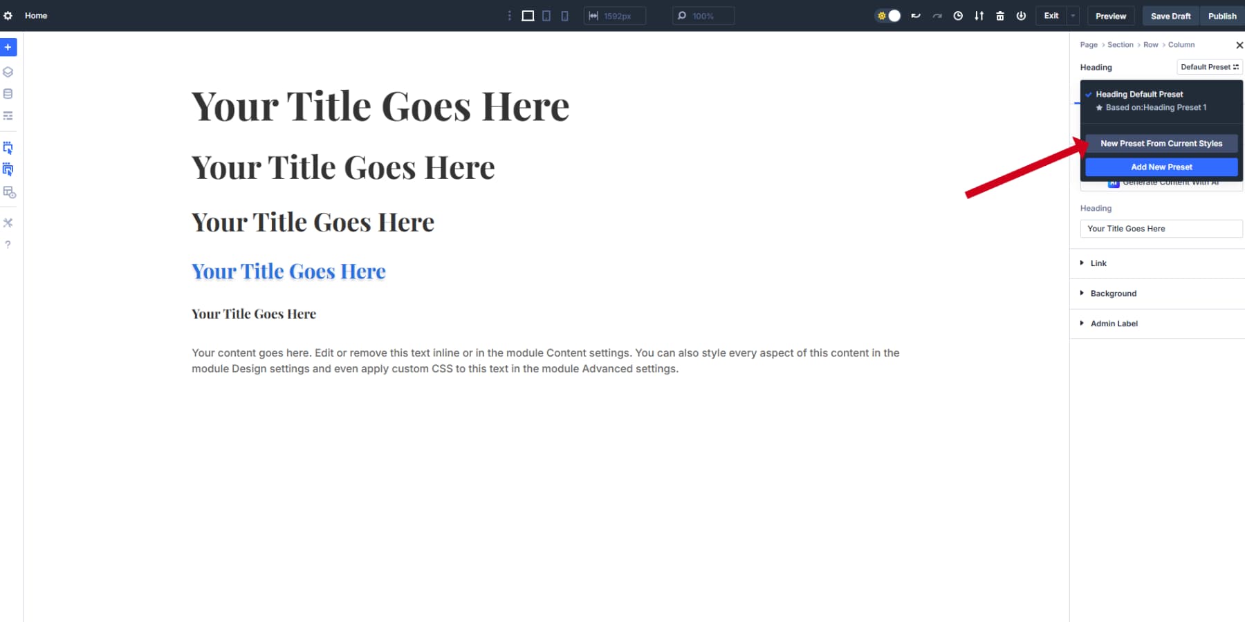 A screenshot of where users can add new presets from current styles