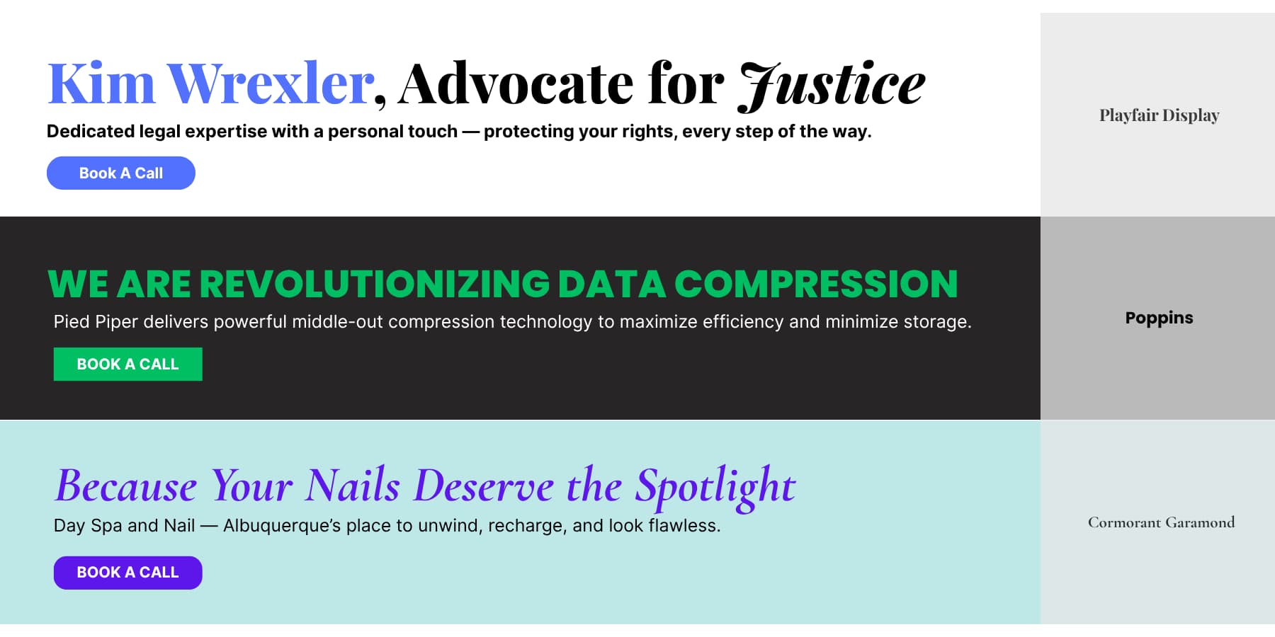 An example of fonts being used for various business websites