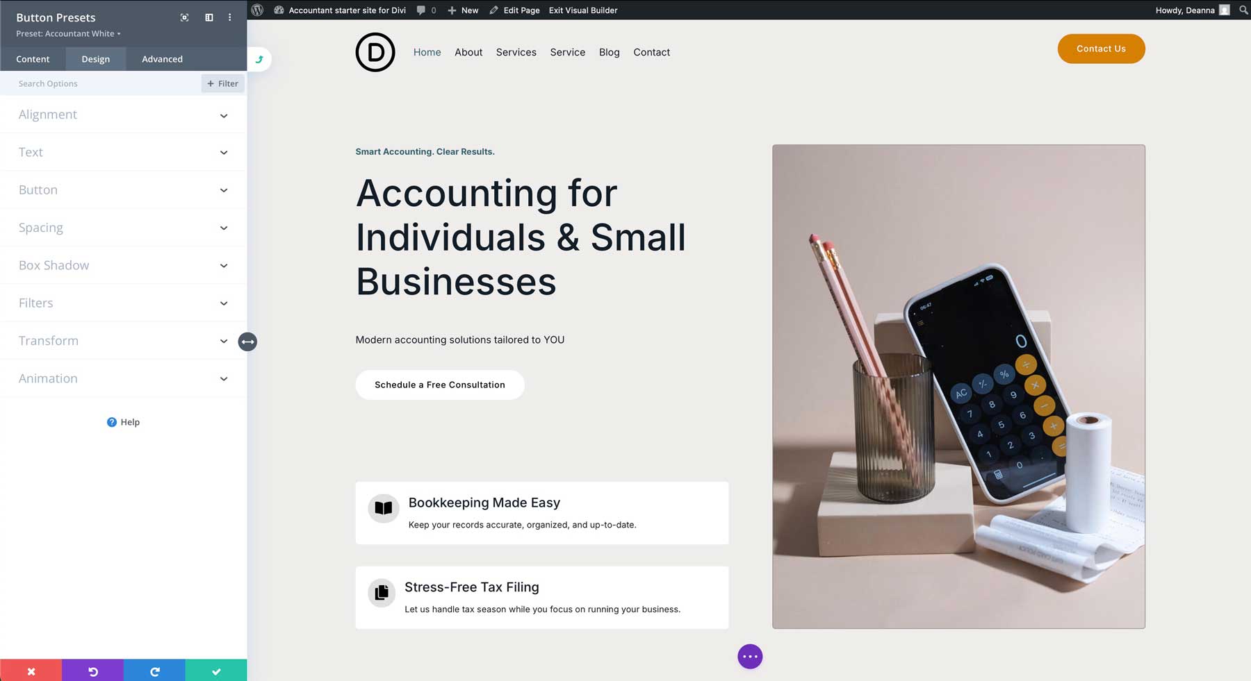 Accountant starter site for Divi