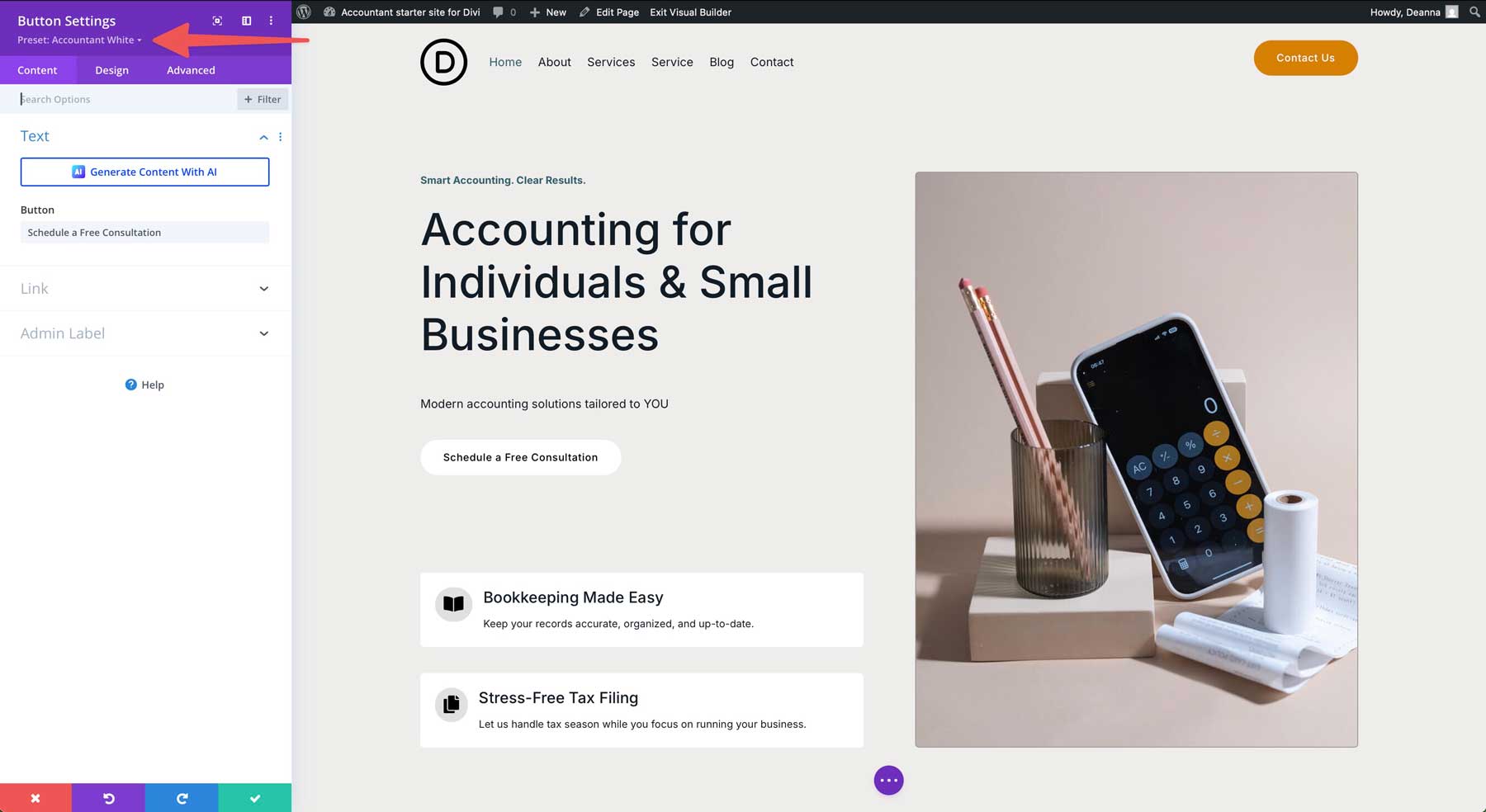 Accountant starter site for Divi