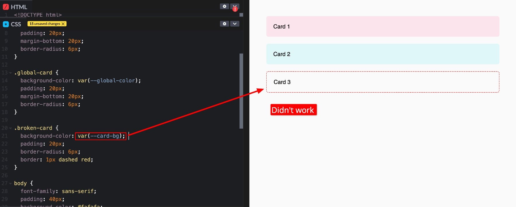 locally defined CSS variable won't work on other containers