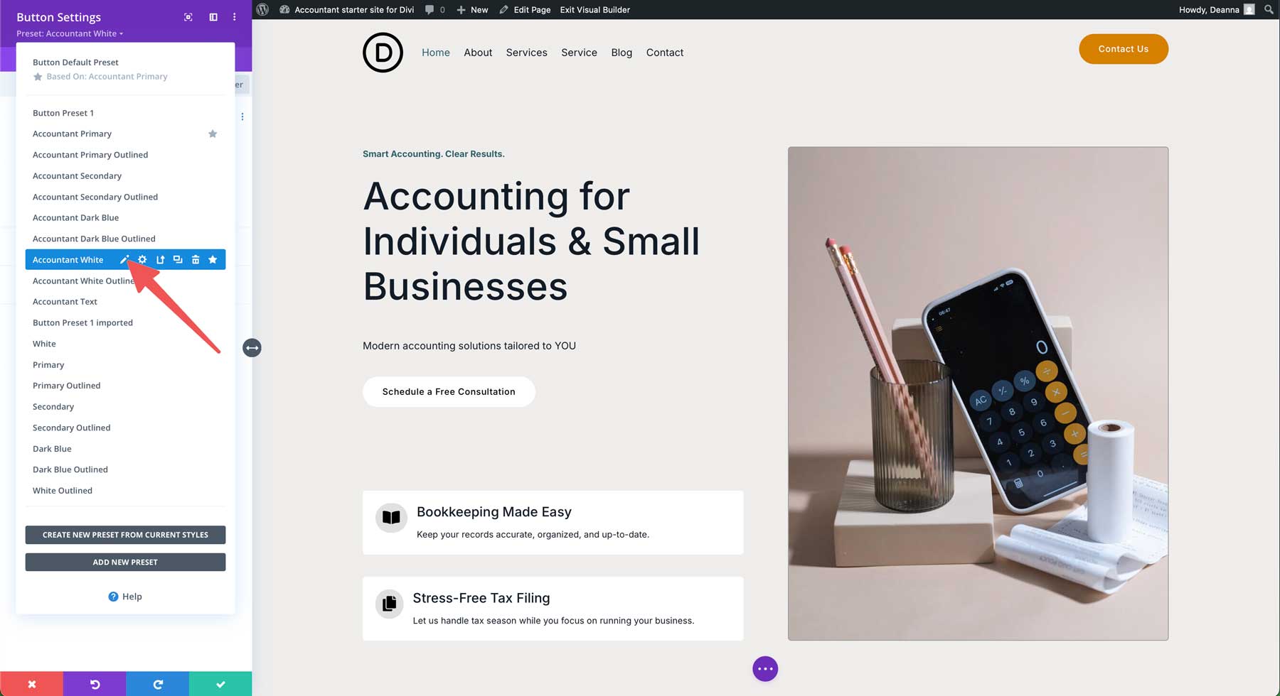 Accountant starter site for Divi