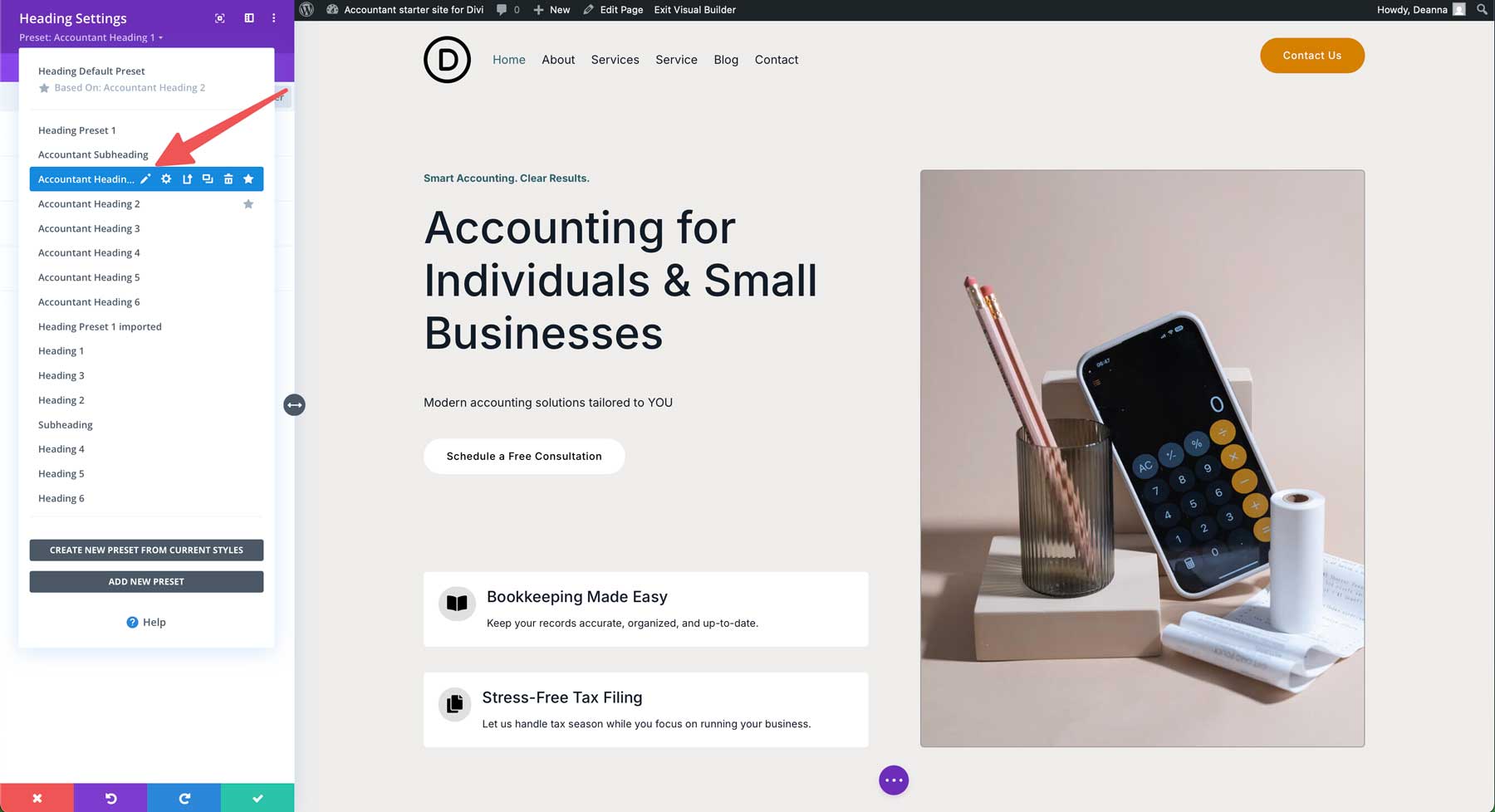 Accountant starter site for Divi