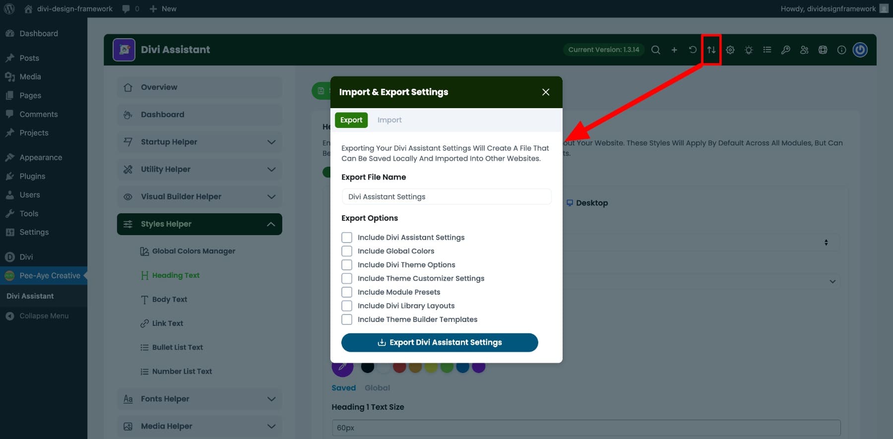 export divi assistant settings