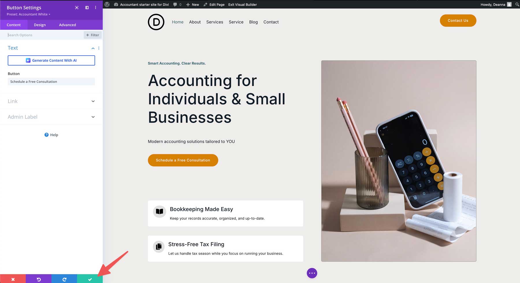Accountant starter site for Divi
