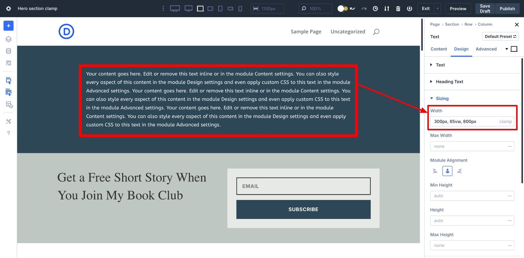 clamp responsive text module width for wide screens