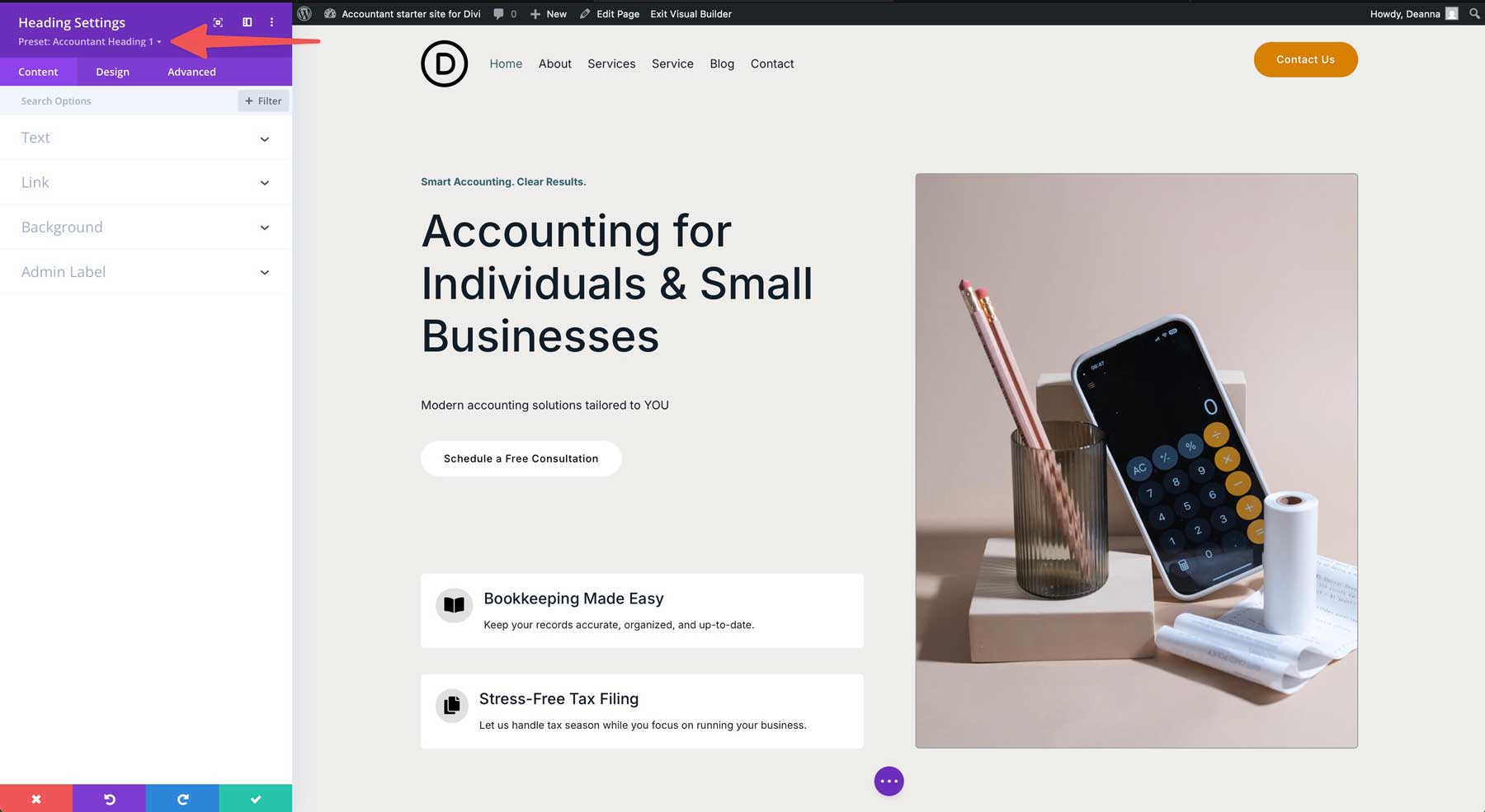 Accountant starter site for Divi