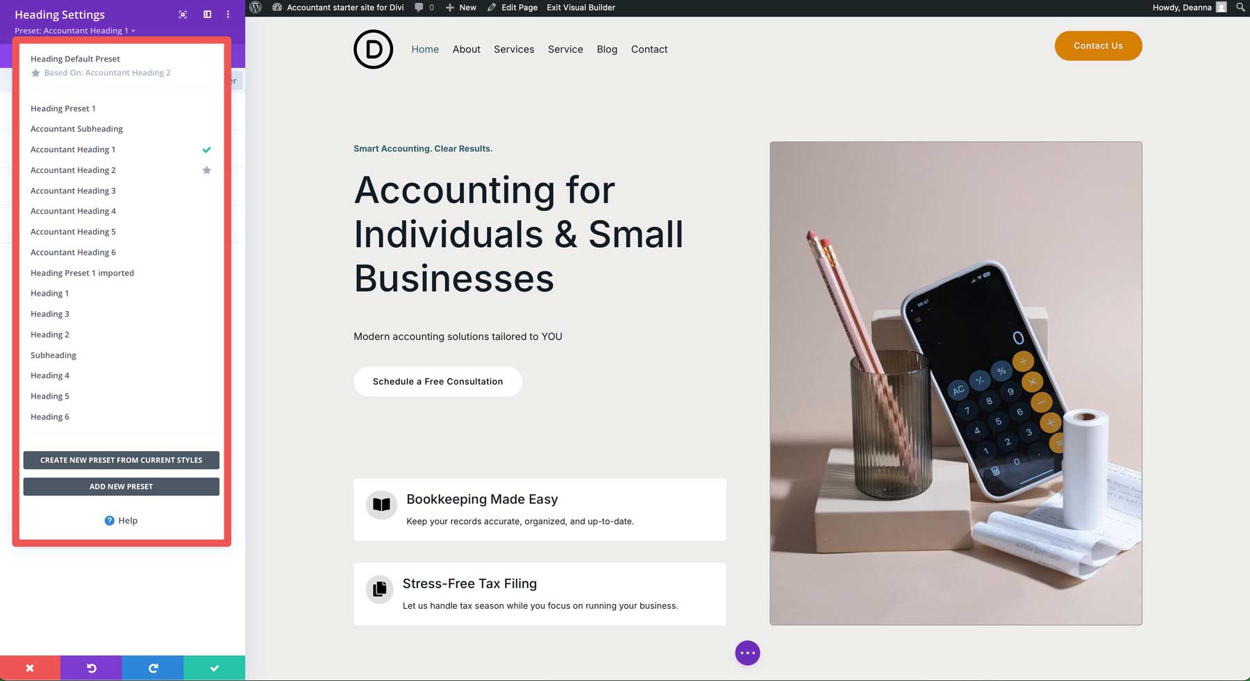 Accountant starter site for Divi
