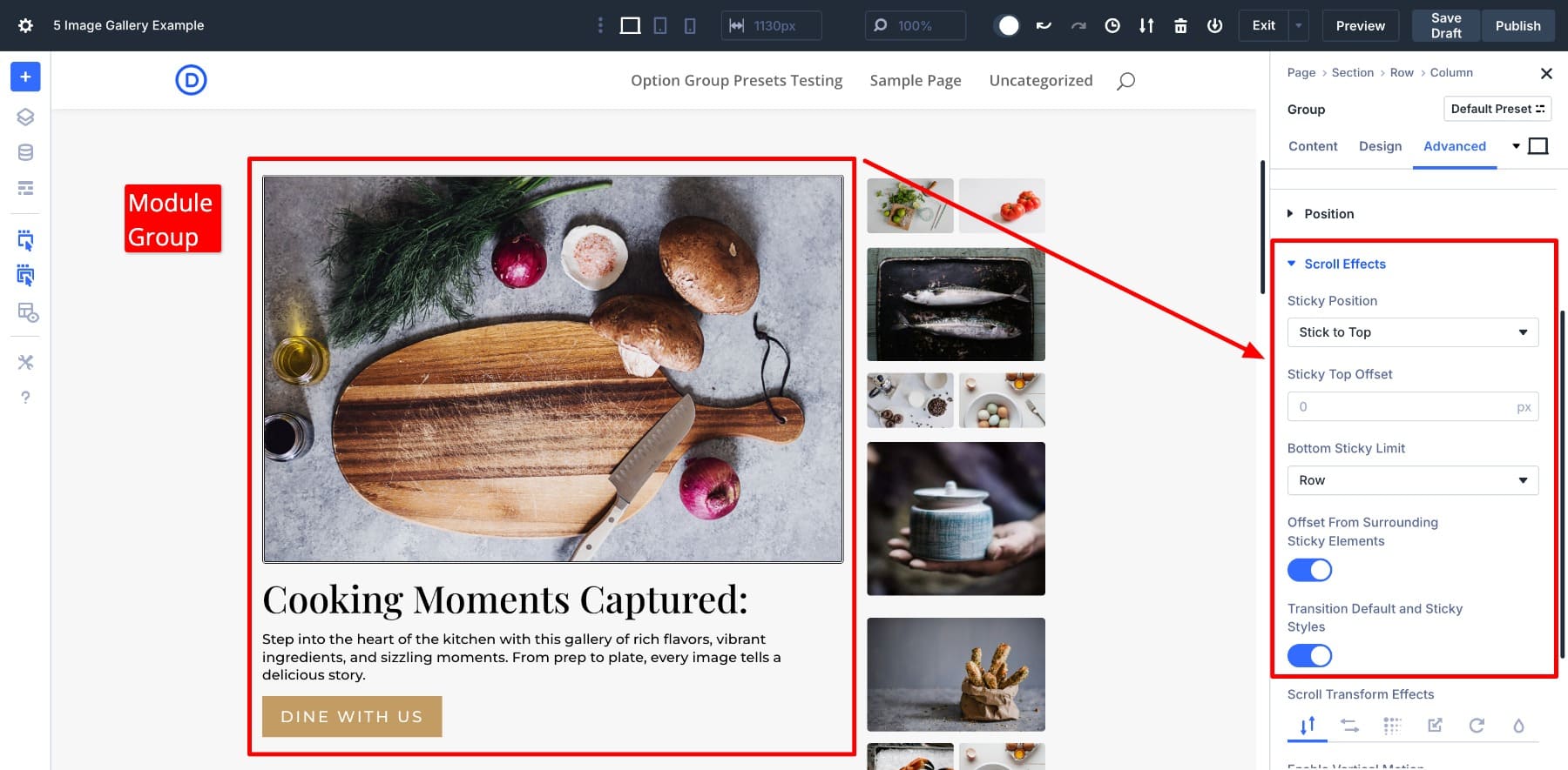 scroll effects settings for a module group