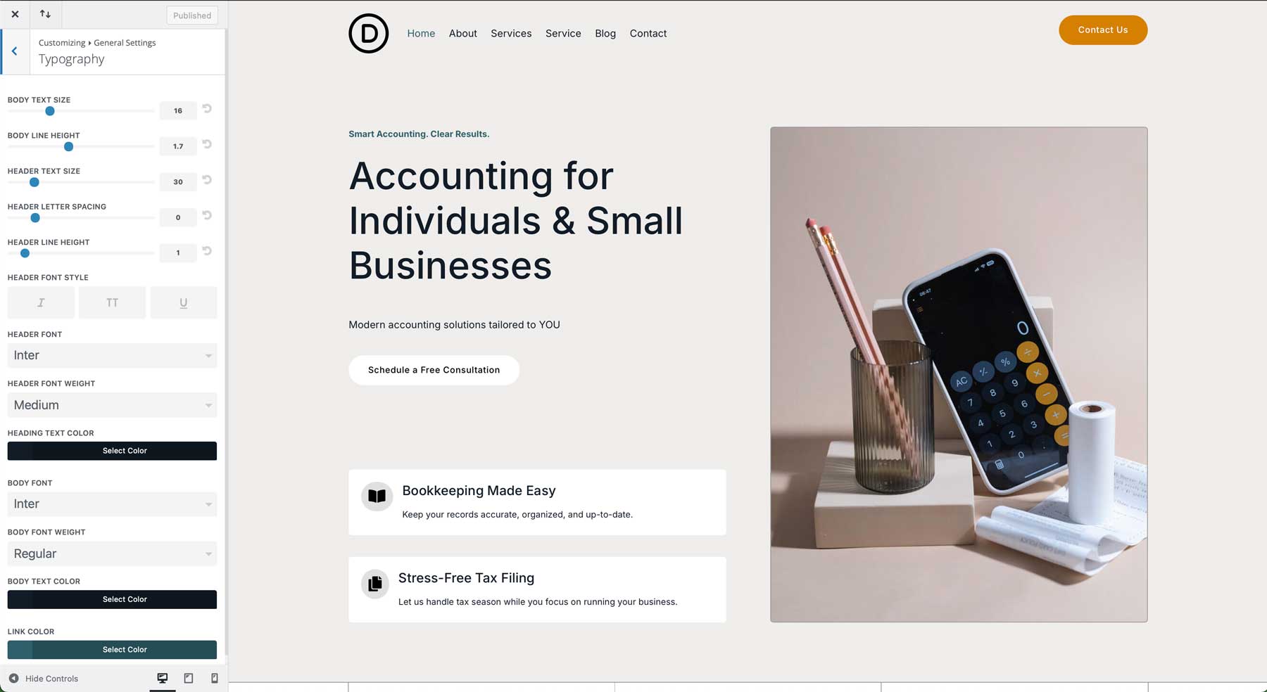 Accountant starter site for Divi