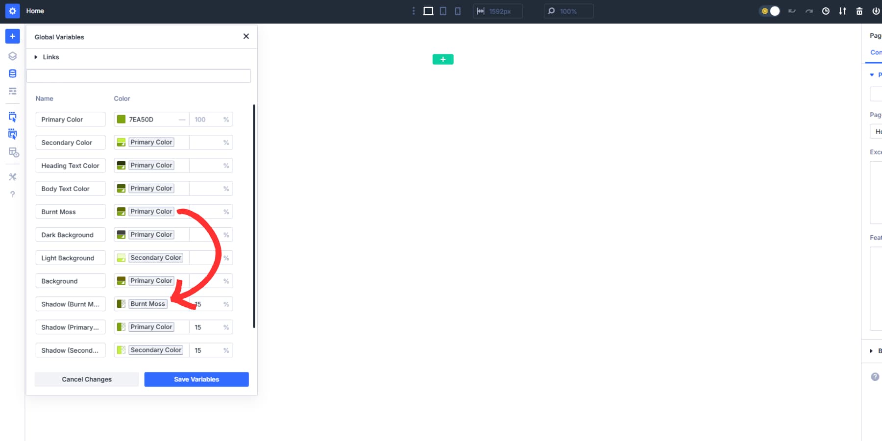 A screenshot of how new colors and opacities can be set up with stackable color design variables