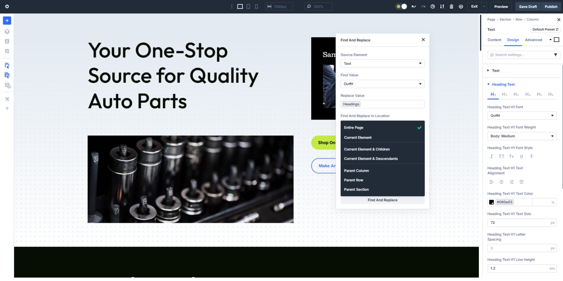 A screenshot of scope setting when finding and replacing in Divi 5
