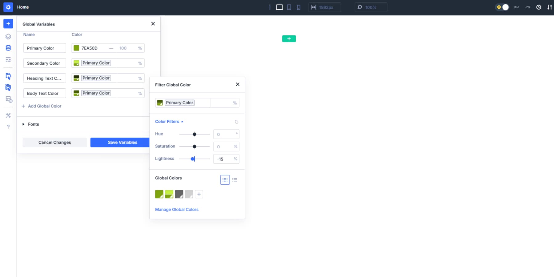 A screenshot of setting up text colors using the primary color as the base