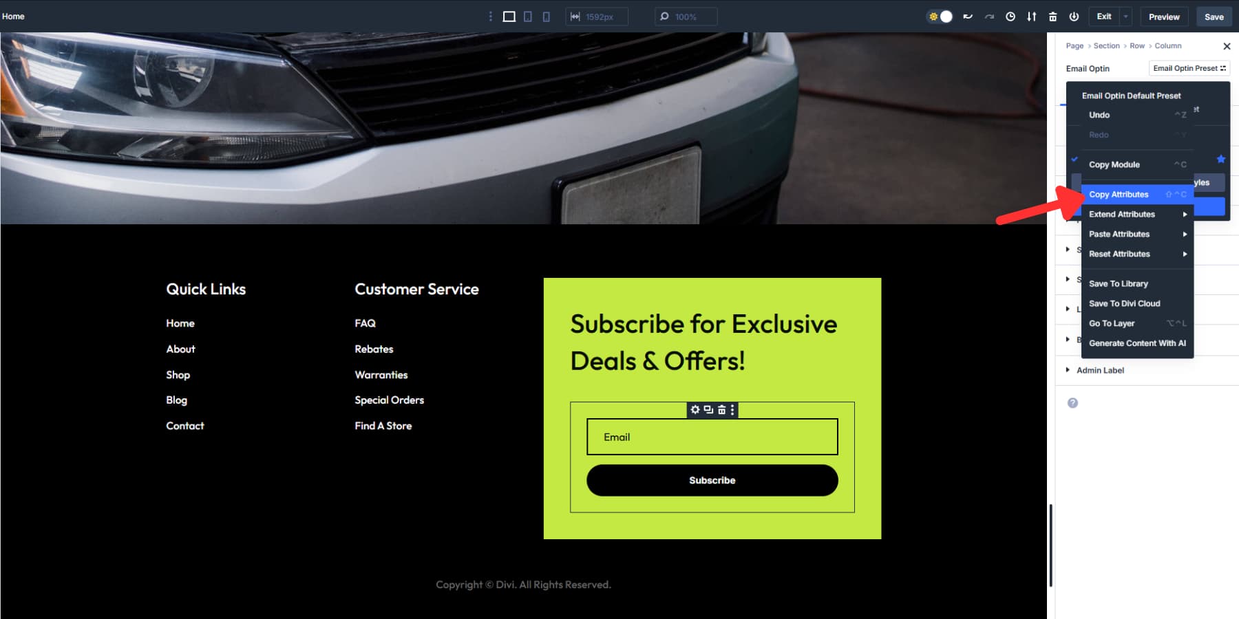 A screenshot of where to copy a a element preset