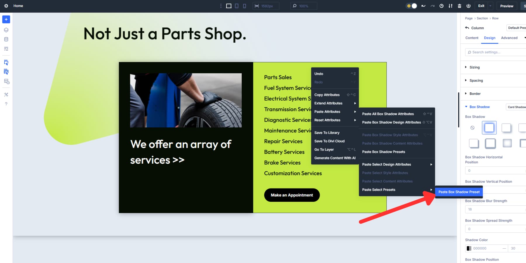 A screenshot of where to find the paste select presets option