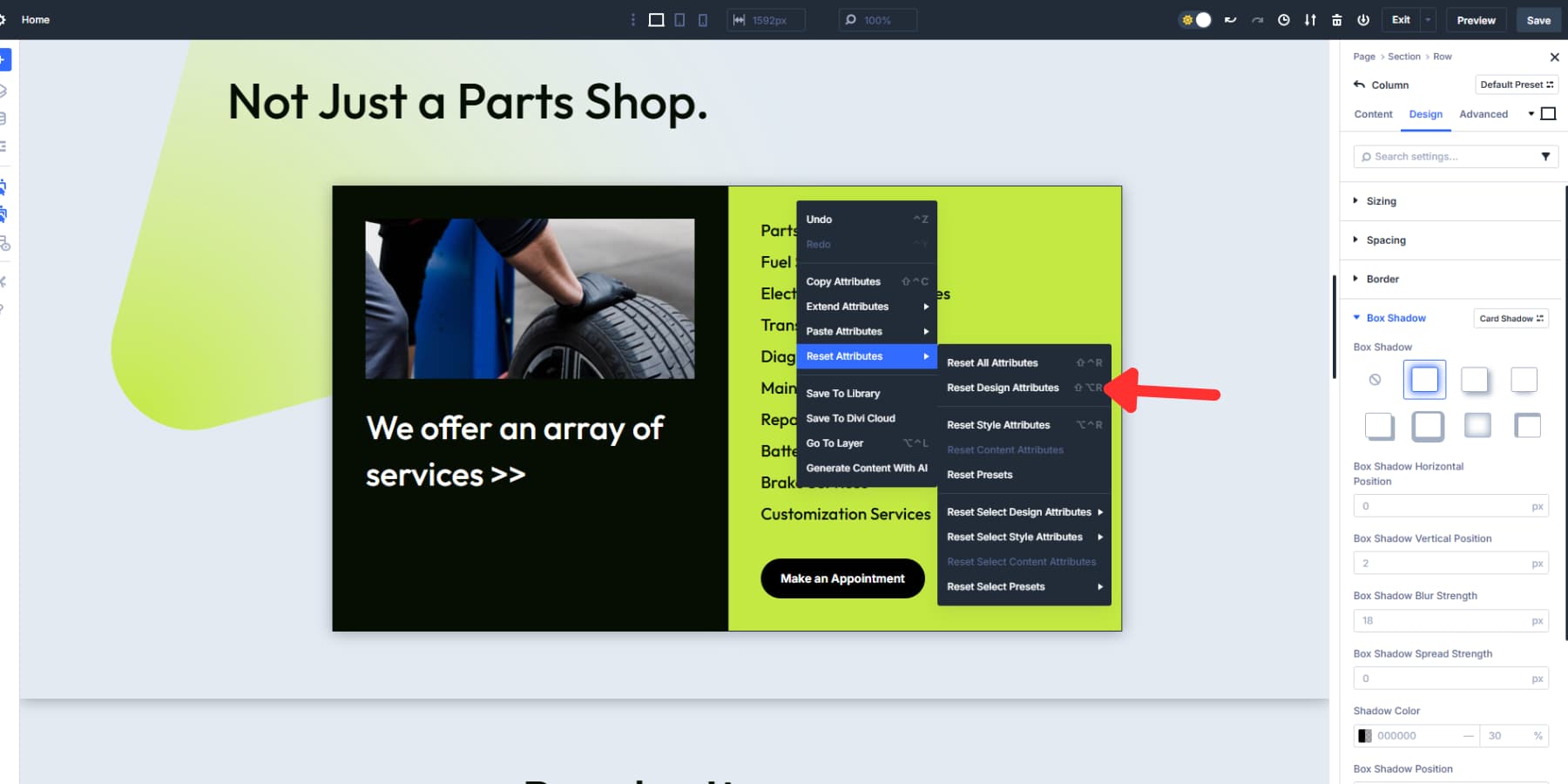 A screenshot of where to find the reset design attributes option