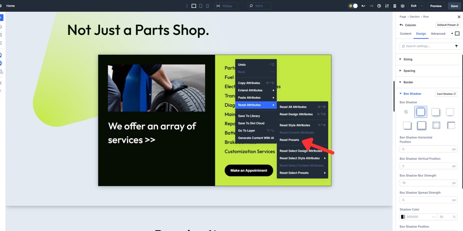 A screenshot of where to find the reset presets option