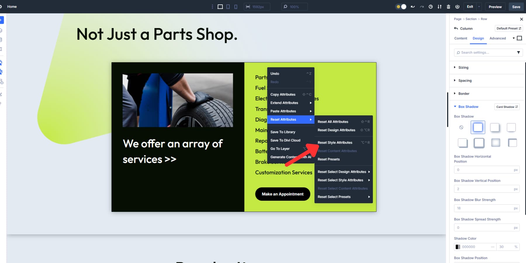 A screenshot of where to find the reset style attributes option