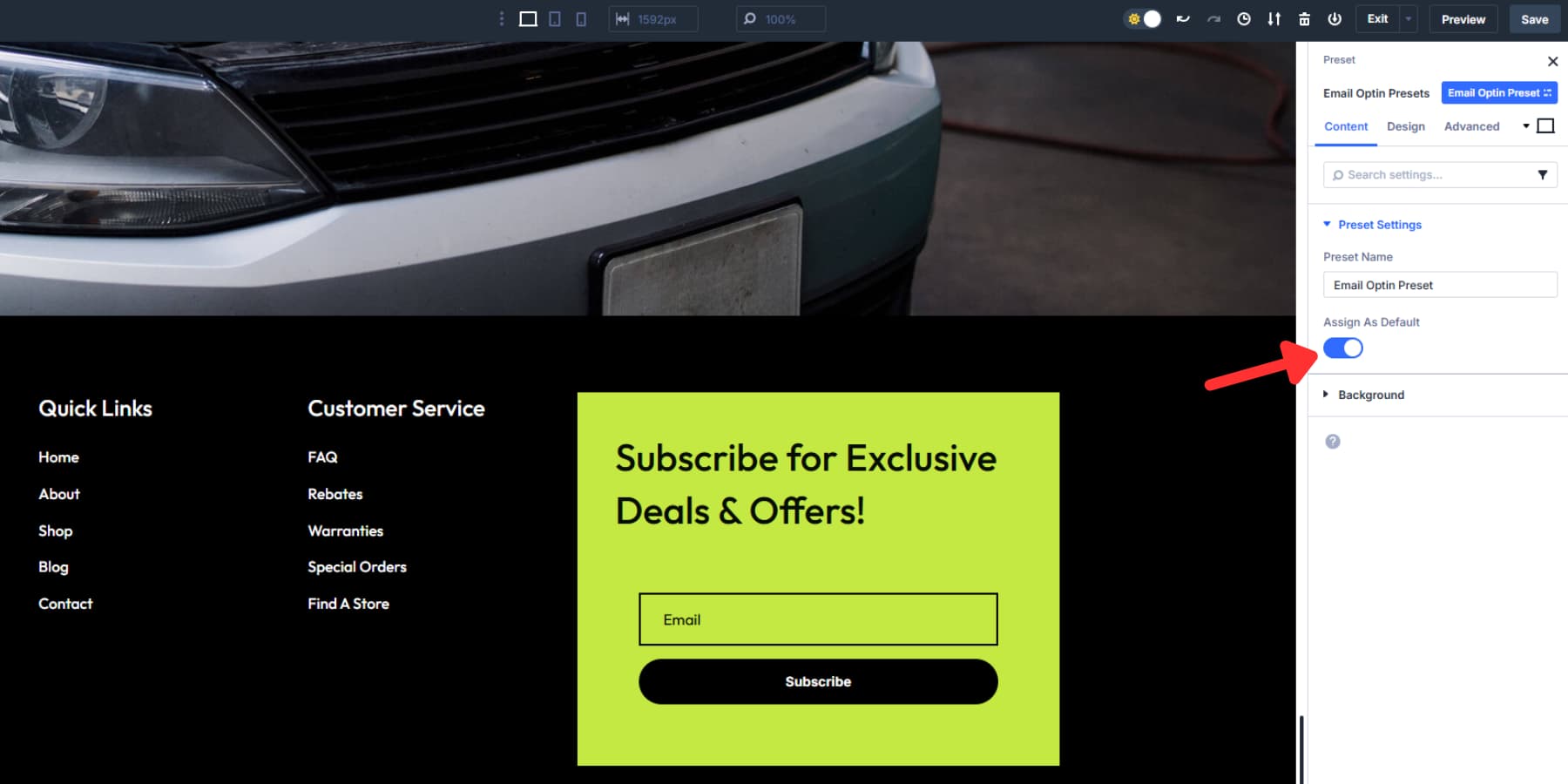 A screenshot of where to set a element preset as default