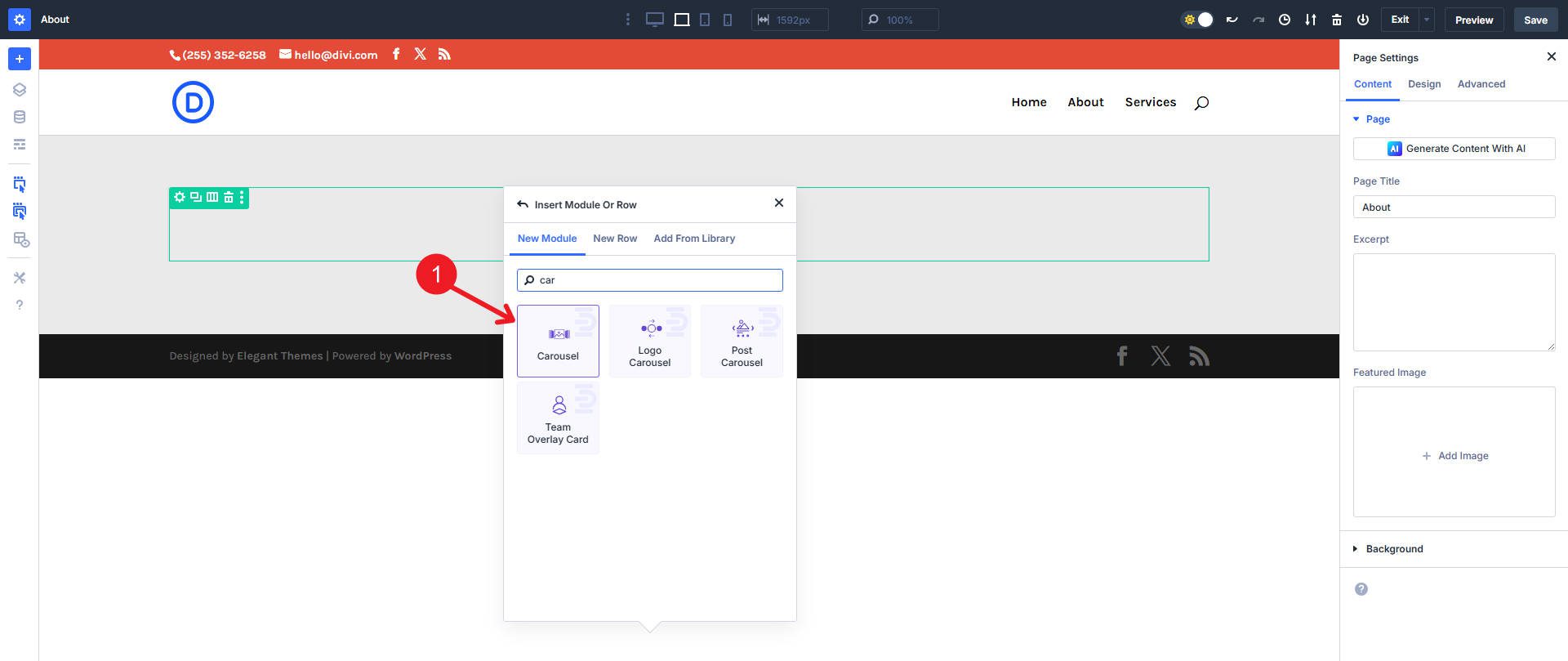 Add Carousel Module to Page - Divi Essential with Divi 5