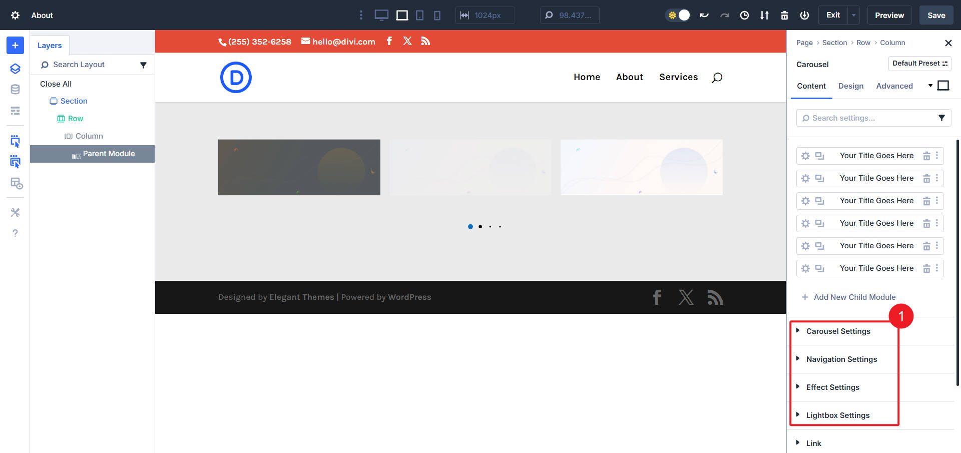 Most Carousel Settings - Divi Essentials Module