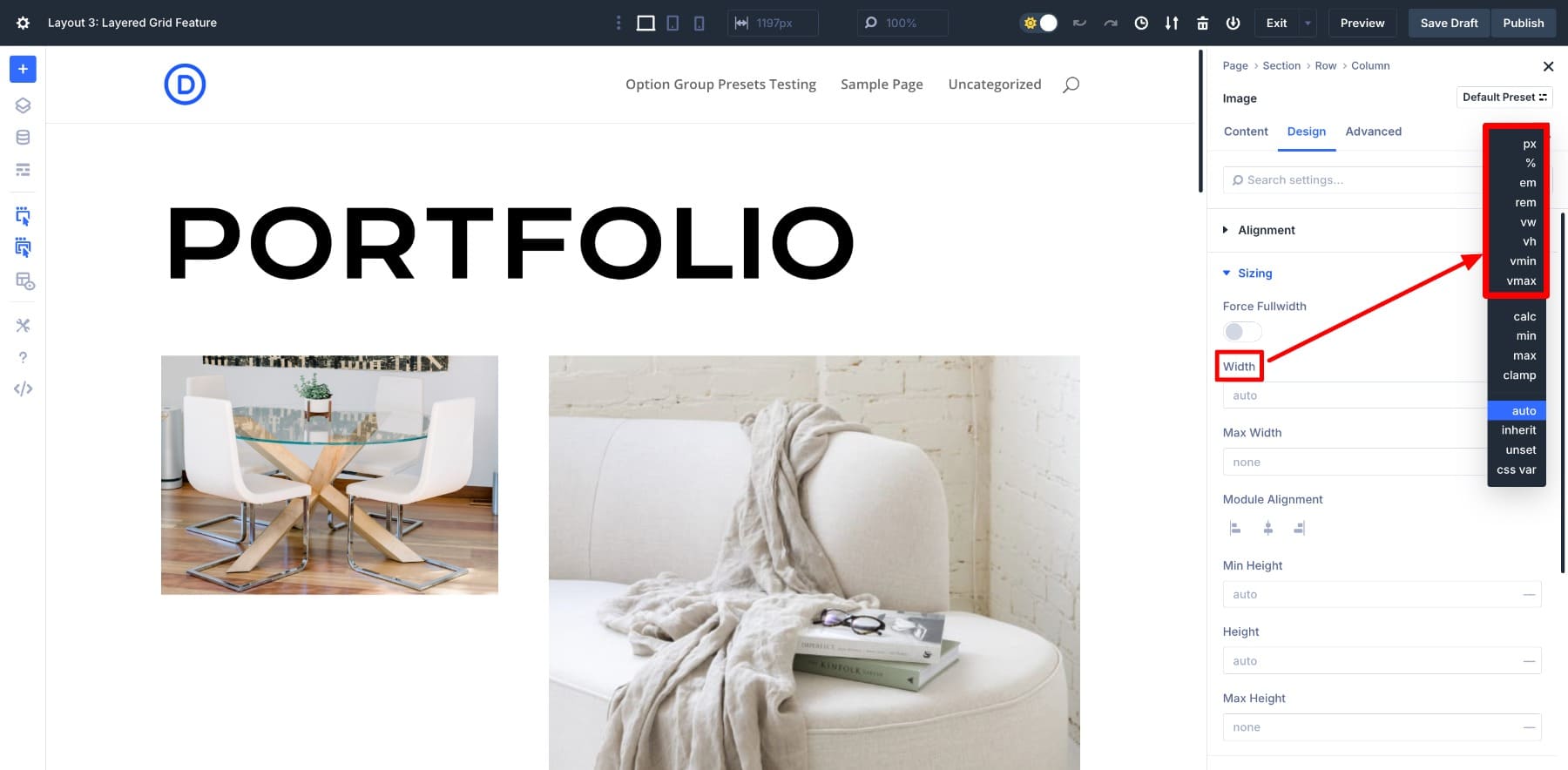 advanced units in divi builder