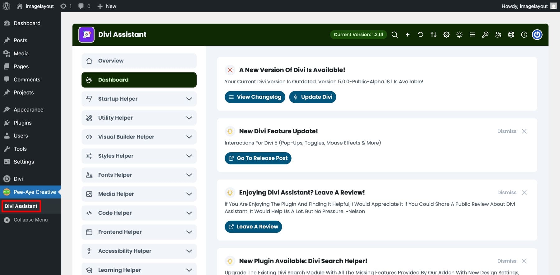 Divi Assistant tab accessible in WordPress dashboard