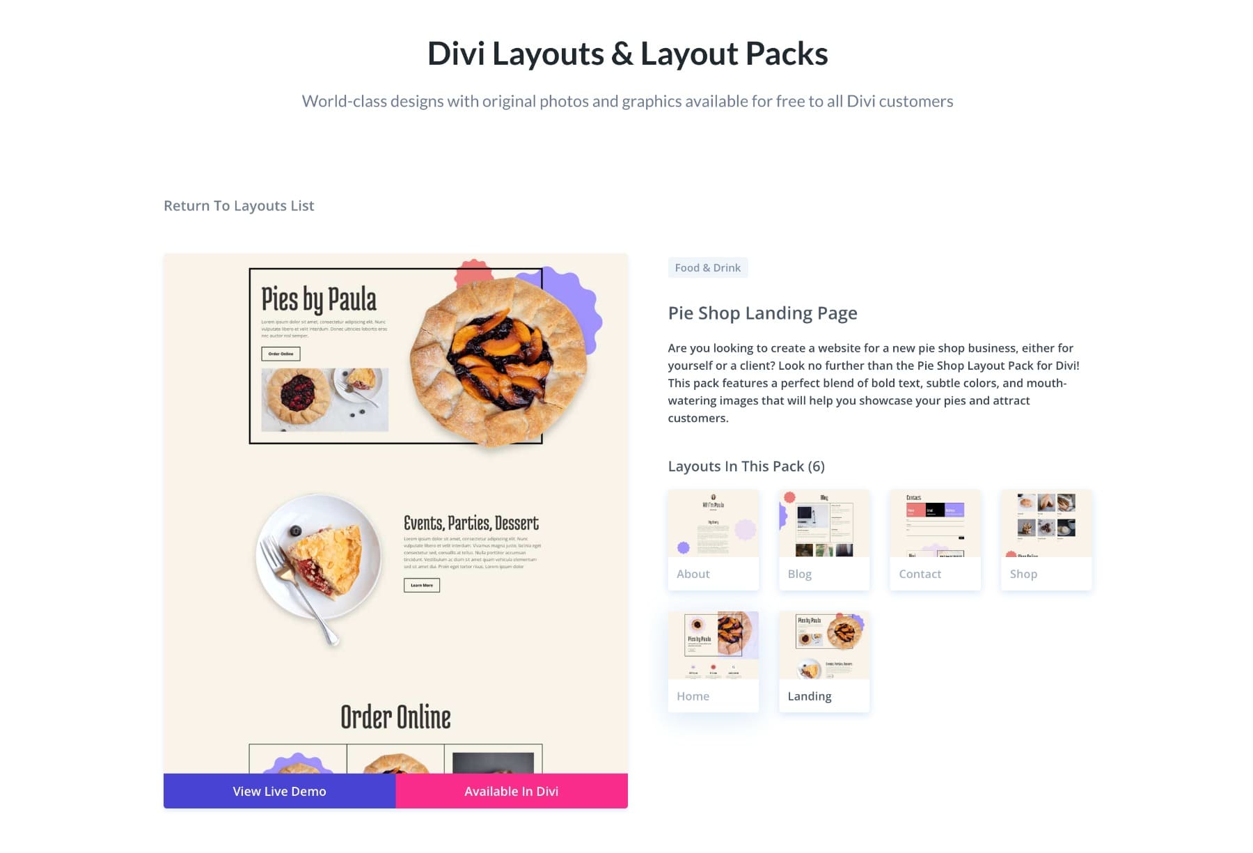 pie shop landing page divi layout