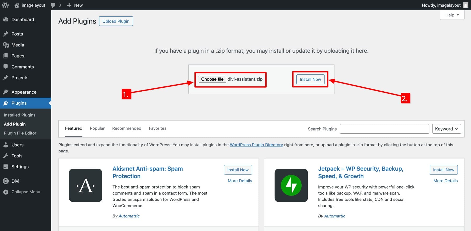 upload and install divi assistant