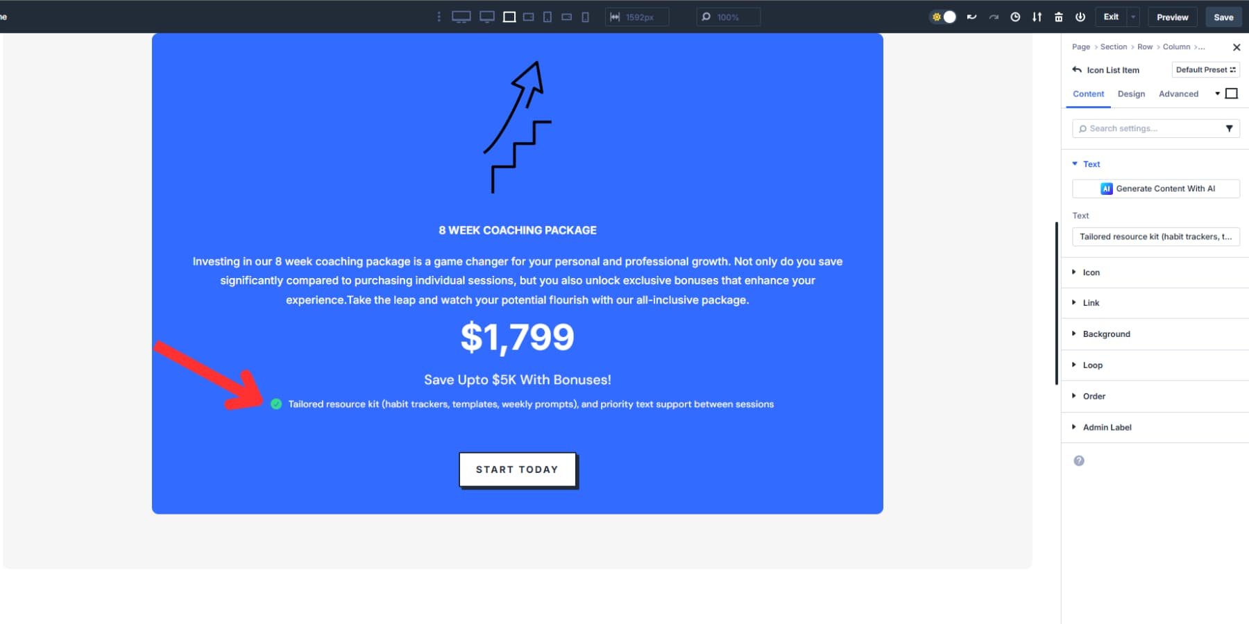 A screenshot of adding an icon list module as an example of a tooltip element