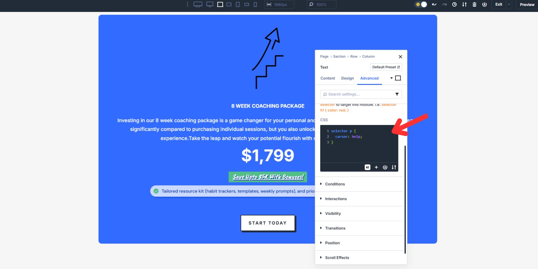 A screenshot of applying custom CSS to get the cursor for a text module