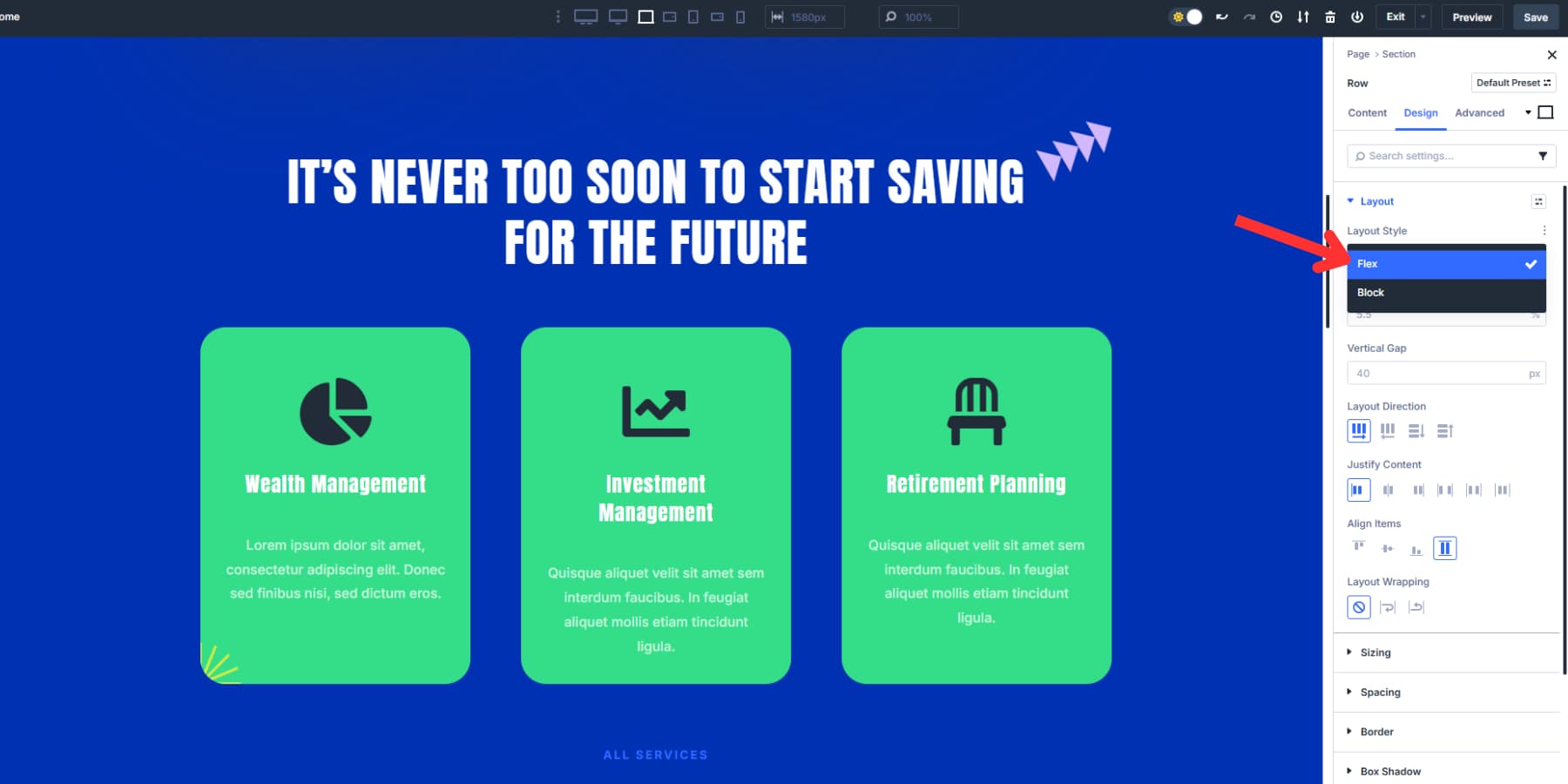 A screenshot of how to update the layout style to flexbox in Divi 5