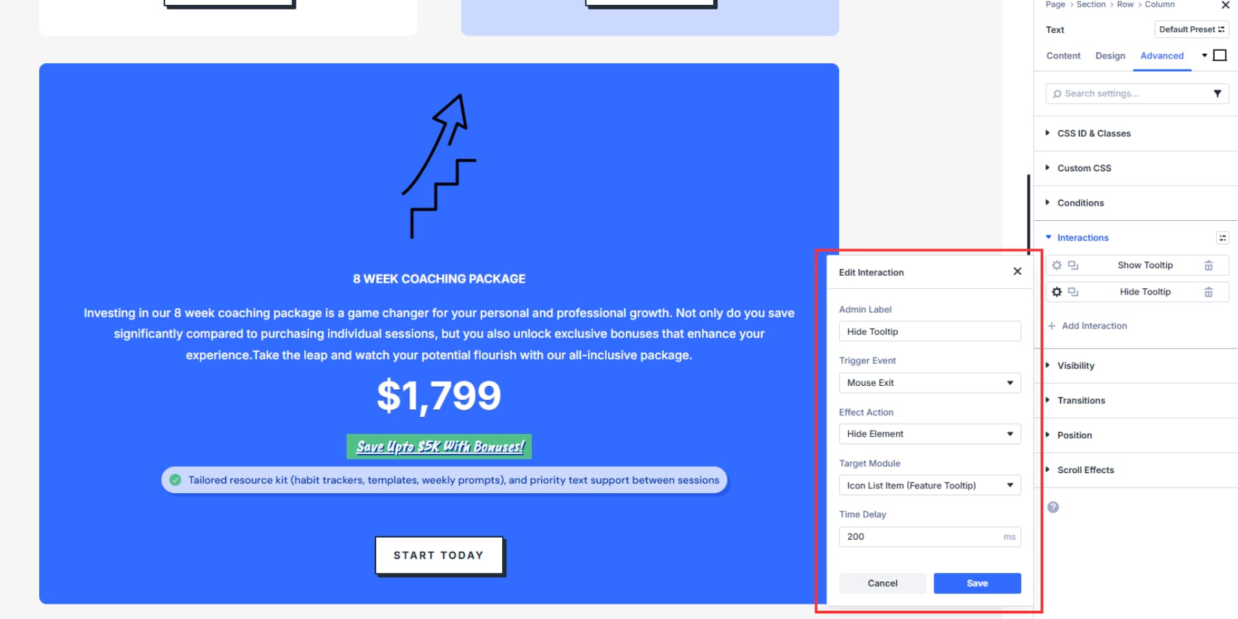 A screenshot of options to set up an "untrigger" to hide the tooltip