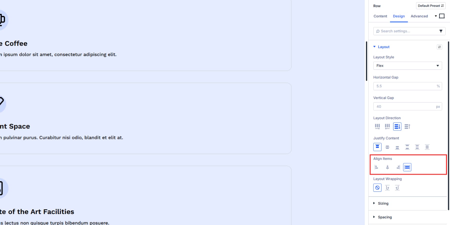 A screenshot of what alignment options are available for column direction
