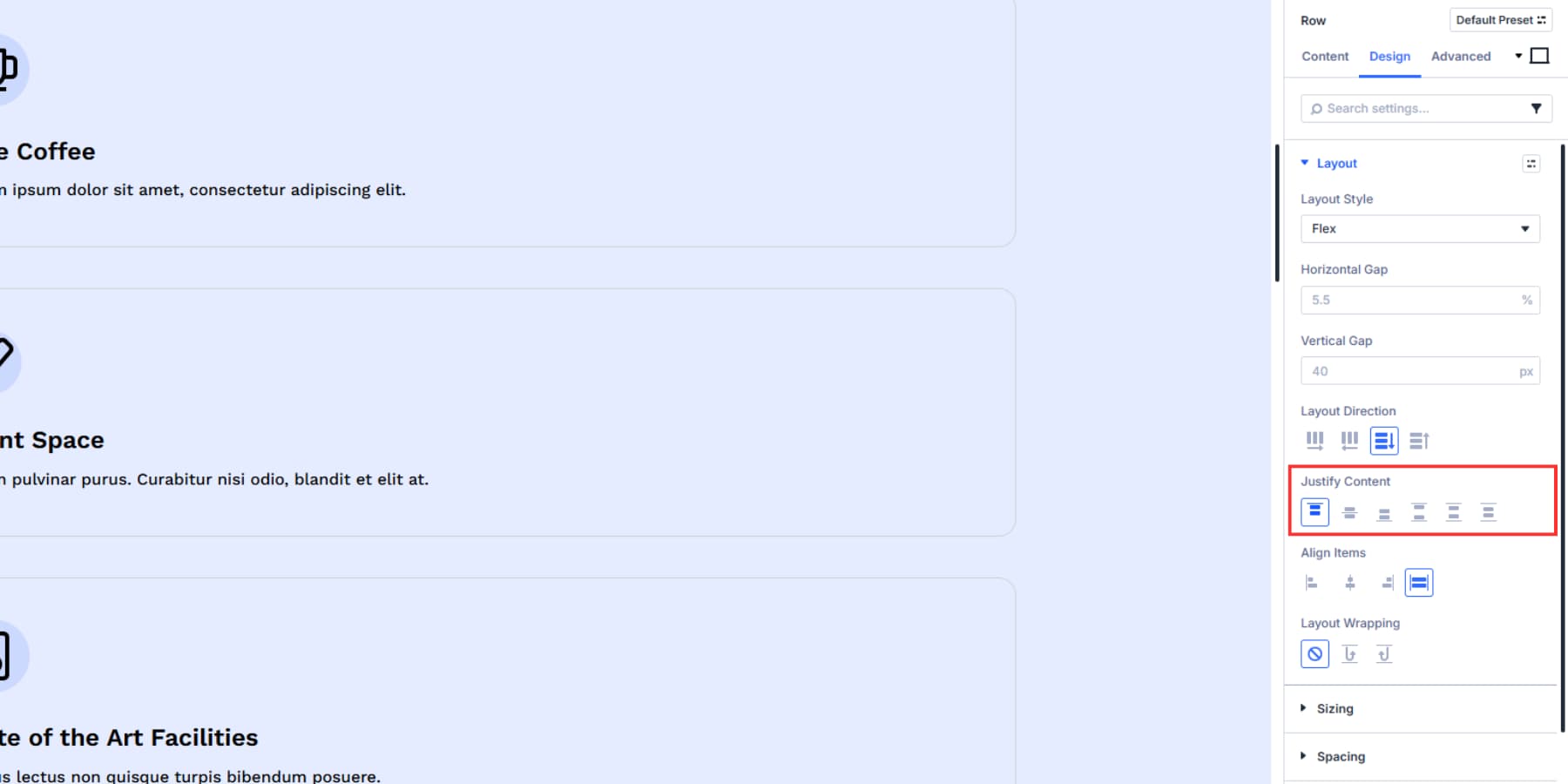 A screenshot of what justify content options are available for columns