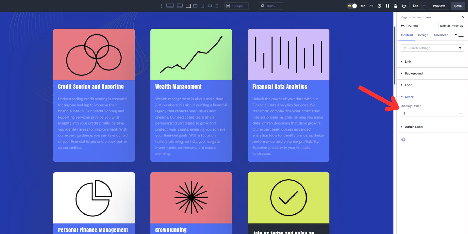 A screenshot of where to find Order tab in column settings