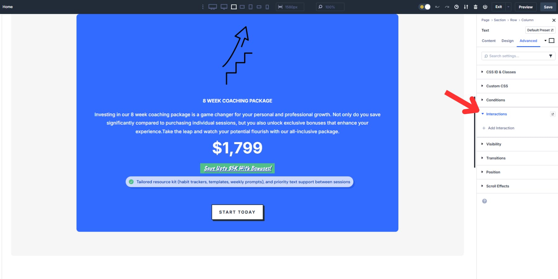 A screenshot of where to find the interactions options in Divi 5