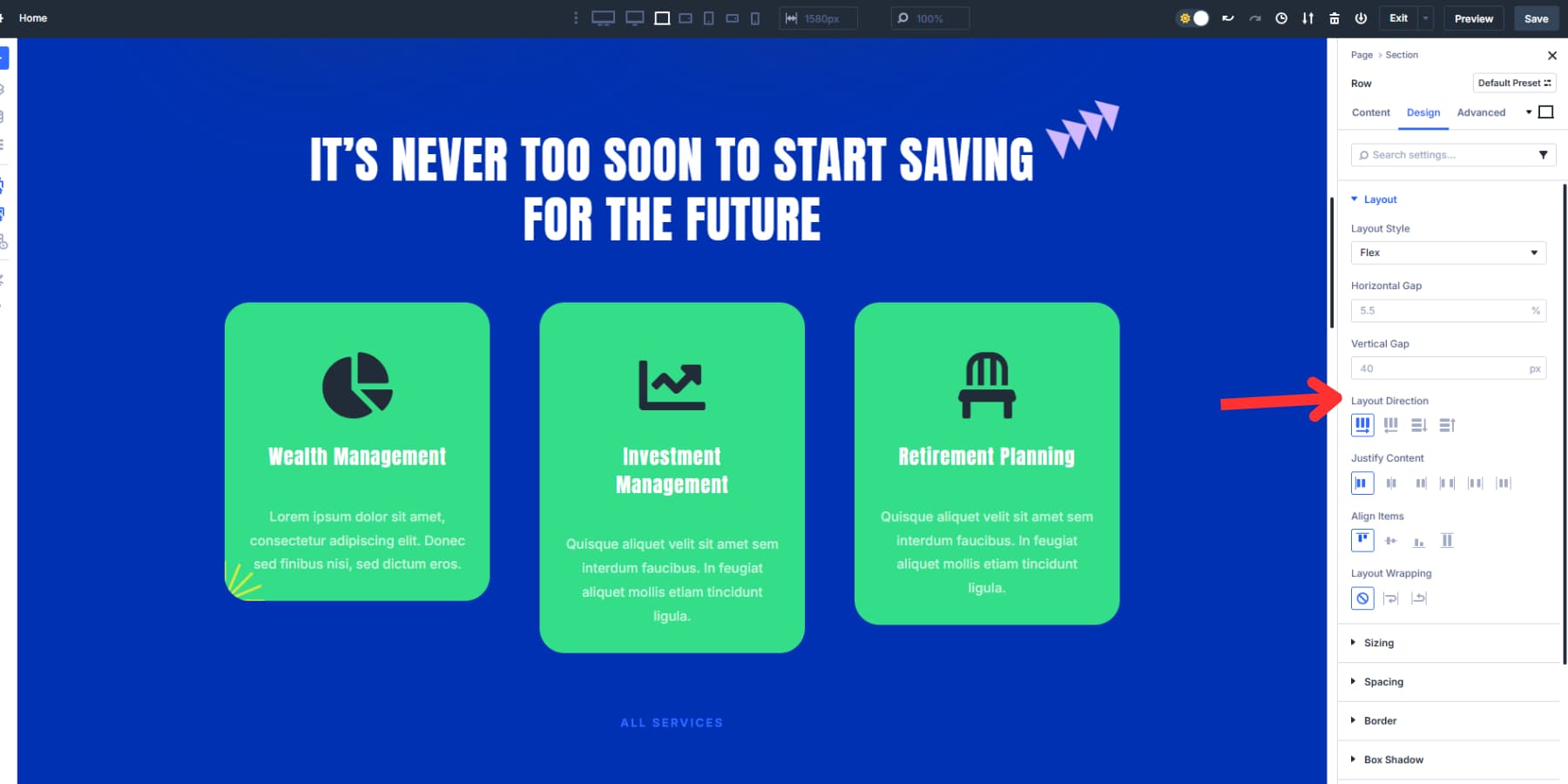 A screenshot of where to find the layout direction options