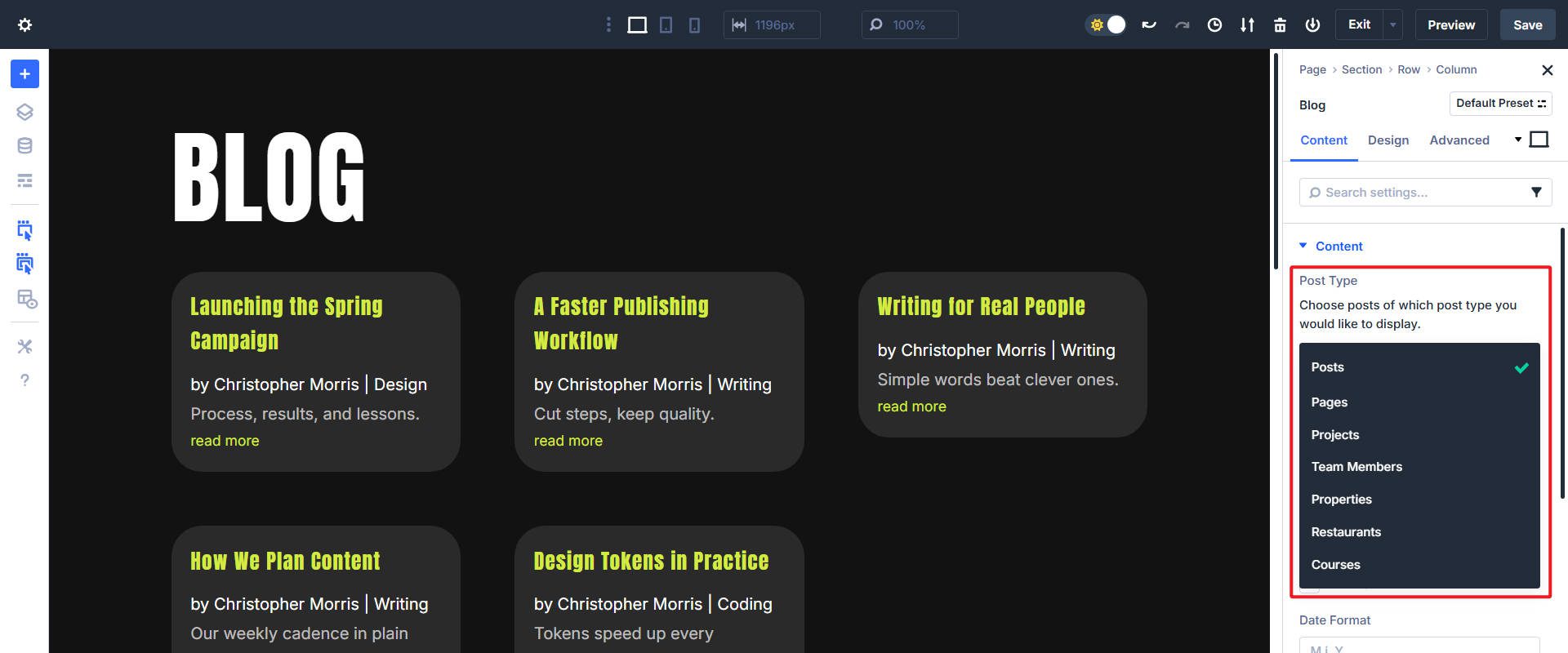 Blog Module Post Type Selector Content Settings