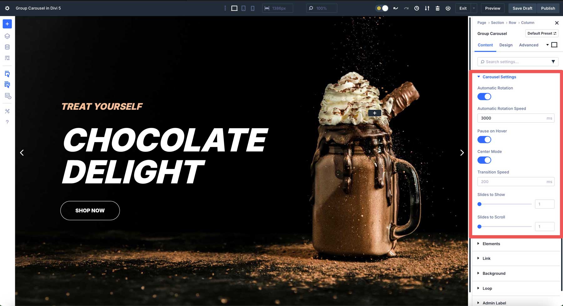 Divi 5 Carousel settings