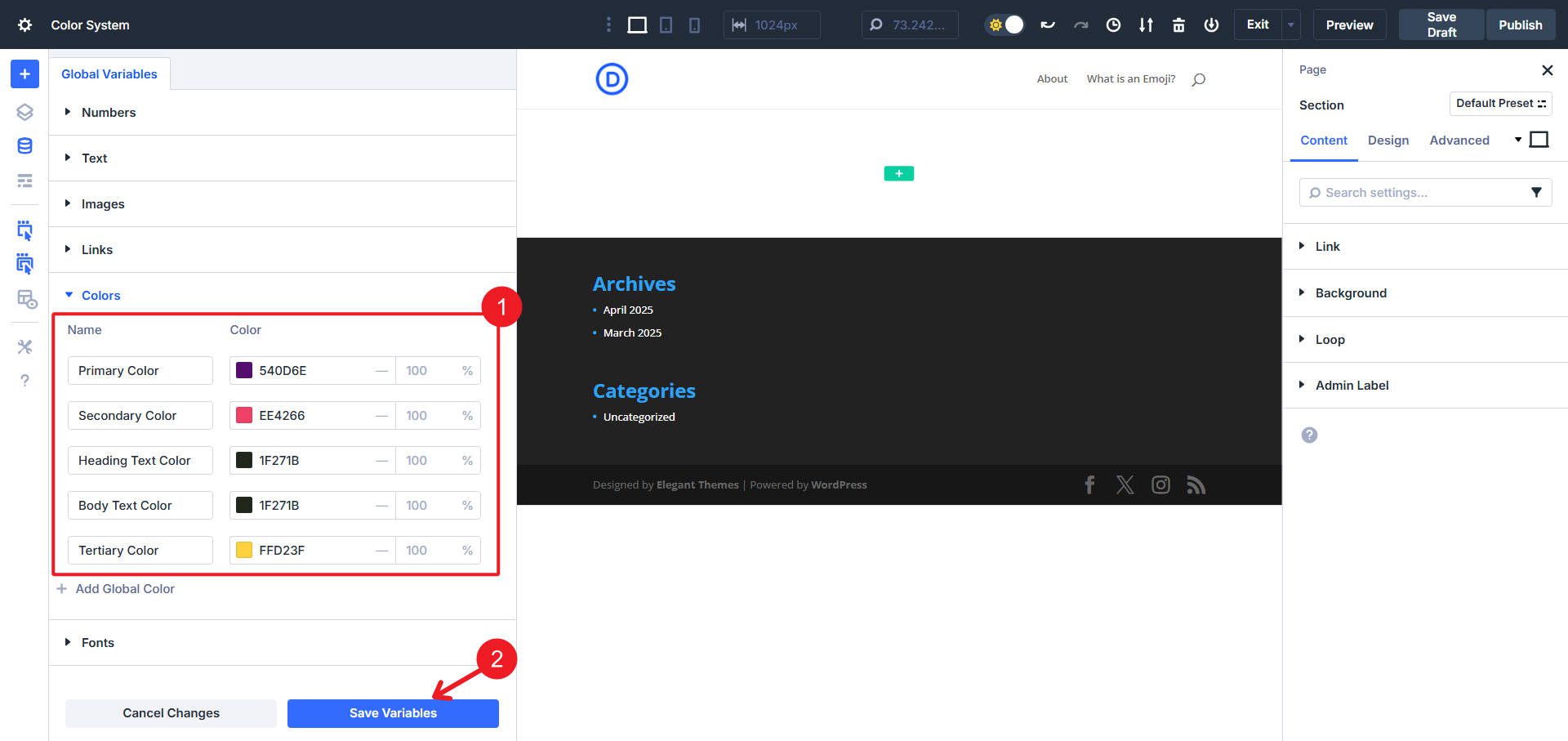 Entering Brand Colors into Divi 5s Design Variable Manager