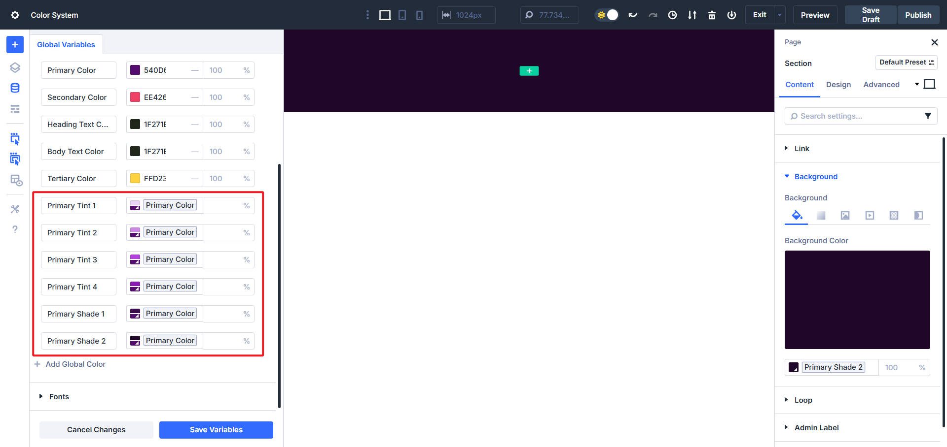 Example Color Palette Variations In Variable Manager